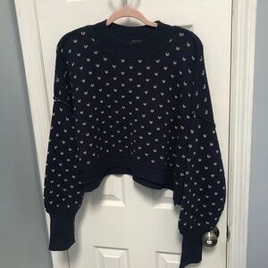 Free People Easy Street Patterned Crop Navy Sweater S Small Cotton Blend